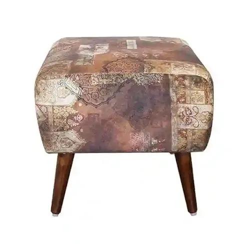 YELLOW Ribbon Puffy Stool for Living Room Vanity Dressing Table Sitting Brown Printed Premium Foam Cushioned Pouffe Ottoman for Foot Rest Stool for Home Decor Furniture Wooden_Earthy Brown