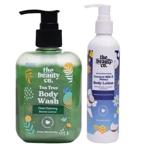 The Beauty Co Moisturizing Coconut Milk & Honey Body Lotion 250 ml and Tea Tree Body Wash 250 ml | Bacne Control & Skin Detoxifying | Pack of 2 |