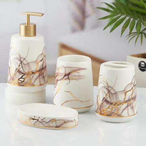 Kookee Ceramic Bathroom Accessories Set of 4, Modern Bath Set with Liquid hand wash Soap Dispenser and Toothbrush holder, Luxury Gift Accessory for Home, White/Brown (10427)