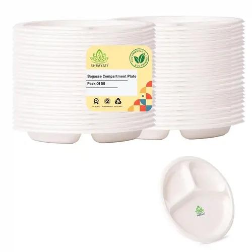 SHRAYATI Disposable Bagasse Plates - 9 Inch, Pack of 1, 50 Pcs Pack, 3 Compartment, Sugarcane Paper Plates, Round Disposable Plates, Disposable Plates for Parties, Use and Throw Plates, Eco-Friendly