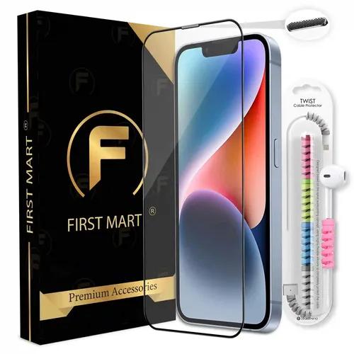 FIRST MART Premium Tempered Glass for iPhone 14/13 / 13 Pro Edge to Edge Screen Coverage, Speaker Mesh Dust Filter & Cable Protector with Easy Installation Kit