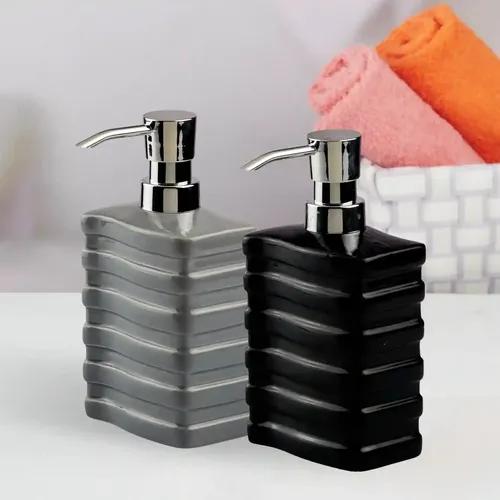 Kookee Ceramic Soap Dispenser for Bathroom hand wash, refillable pump bottle for Kitchen hand wash basin, Set of 2, Grey/Black (10537)