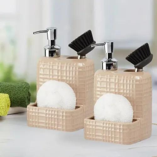 Kookee Ceramic Soap Dispenser for Bathroom hand wash, refillable pump bottle for Kitchen hand wash basin, Set of 2, Beige (10972)