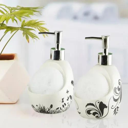 Kookee Ceramic Soap Dispenser for Bathroom hand wash, refillable pump bottle for Kitchen hand wash basin, Set of 2, White/Black (11040)