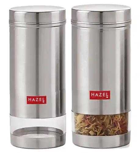 HAZEL Stainless Steel Tea Coffee Sugar Containers I Ideal for Multipurpose Item Storing I Set of 2 Transparent Jars with 950 ML Capacity Each I Silver Color Box with Matt Finish