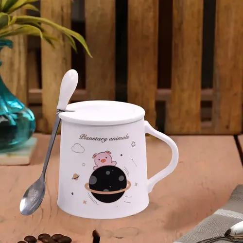 Kookee Fancy Ceramic Coffee or Tea Mug with Lid and Handle with Spoon for Office, Home or Gifting - 250ml (HY-1085-1-C)