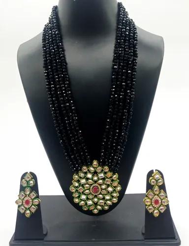 Crystal Shine Multi Strand Ethnic Beads Kundan Necklace & Earring Set - Black