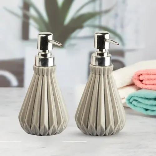 Kookee Ceramic Soap Dispenser for Bathroom hand wash, refillable pump bottle for Kitchen hand wash basin, Set of 2, Grey (10879)