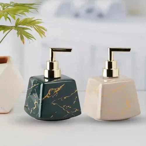 Kookee Ceramic Soap Dispenser for Bathroom hand wash, refillable pump bottle for Kitchen hand wash basin, Set of 2, Green/Beige(10829)