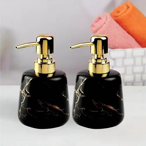 Kookee Ceramic Soap Dispenser for Bathroom hand wash, refillable pump bottle for Kitchen hand wash basin, Set of 2, Black (11011)