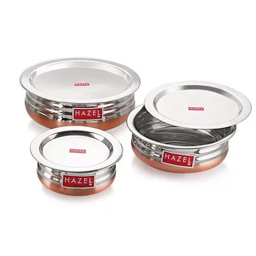 HAZEL Copper Bottom Urli Handi Set with Lid Cover| Premium Stainless Steel Cookware Set | Serving Cooking Tope Bowl for Kitchen | Copper Bottom Vessels for Cooking, 3 Piece