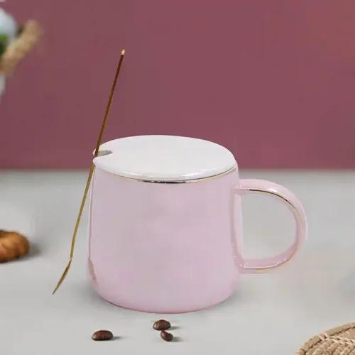 Kookee Fancy Ceramic Coffee or Tea Mug with Lid and Handle with Spoon for Office, Home or Gifting - 250ml (M0762-B)