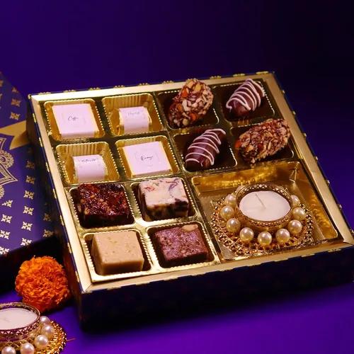 Oriole Gifts Premium Diwali Gift Hamper with 4 Chocolates & 4 Chocolates Dates, 4 Sweets & 1 Diya