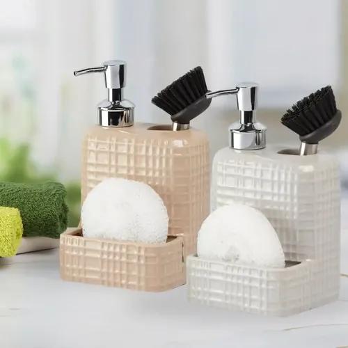 Kookee Ceramic Soap Dispenser for Bathroom hand wash, refillable pump bottle for Kitchen hand wash basin, Set of 2, Beige/Grey (11023)