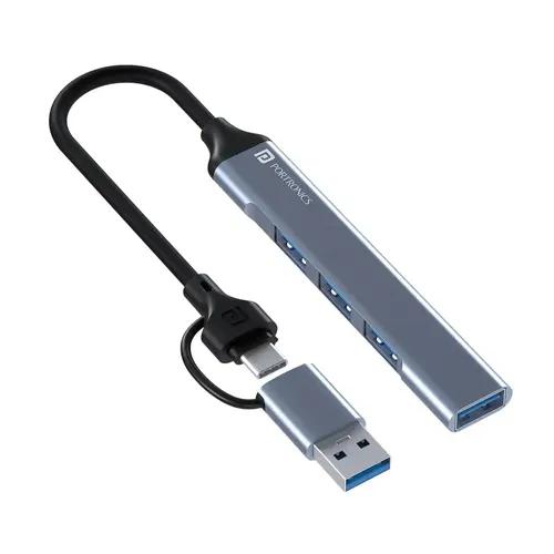 Portronics Mport 31 Pro USB 3.0 Hub (4-in-1) with Type-C & USB Dual Plugs, USB 3.0 SuperSpeed, 3-Port USB 2.0 High-Speed, Up to 5 Gbps Speed, Aluminium Alloy Metal Body, for Laptop, PC, Mac (Grey)