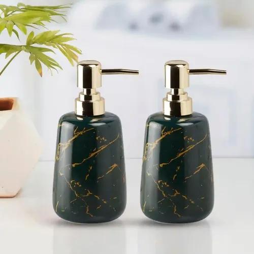 Kookee Ceramic Soap Dispenser for Bathroom hand wash, refillable pump bottle for Kitchen hand wash basin, Set of 2, Green/Gold (10823)