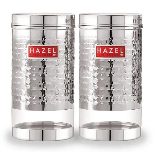 HAZEL Stainless Steel Containers Set For Kitchen Storage Hammered Finish Transparent See Through Glossy Storage Jars Dabba, Set of 2, 1700 ML Each, Silver