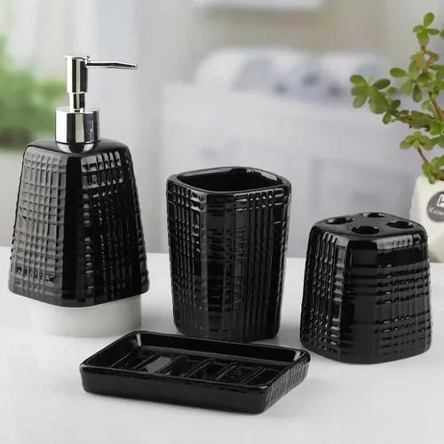 Kookee Ceramic Bathroom Accessories Set of 4, Modern Bath Set with Liquid hand wash Soap Dispenser and Toothbrush holder, Luxury Gift Accessory for Home, Black (10467)