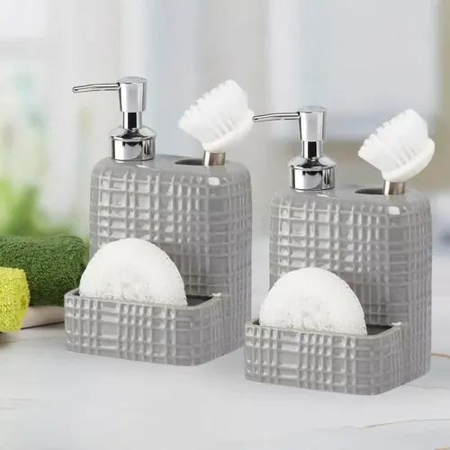 Kookee Ceramic Soap Dispenser for Bathroom hand wash, refillable pump bottle for Kitchen hand wash basin, Set of 2, Grey (10971)