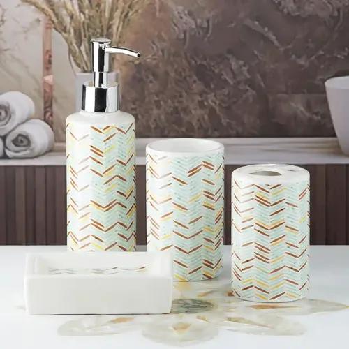 Kookee Ceramic Bathroom Accessories Set of 4, Modern Bath Set with Liquid handwash Soap Dispenser and Toothbrush holder, Luxury Gift Accessory for Home - Multicolor (10056)