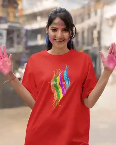 Celebrate Joyfully: Women's Colorful Happy Holi T-Shirt in Vivid Splashes | 100% Premium Bio Wash Cotton T-Shirts - S  (Red)