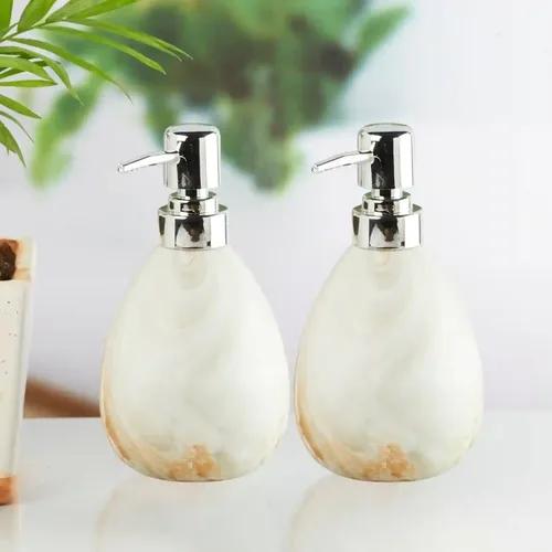 Kookee Ceramic Soap Dispenser for Bathroom hand wash, refillable pump bottle for Kitchen hand wash basin, Set of 2, Stone (10872)