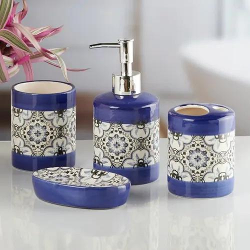 Kookee Ceramic Bathroom Accessories Set of 4, Modern Bath Set with Liquid handwash Soap Dispenser and Toothbrush holder, Luxury Gift Accessory for Home - Blue (10174)