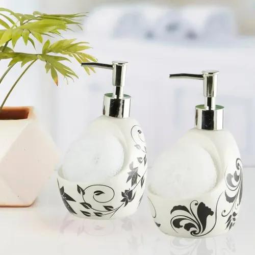 Kookee Ceramic Soap Dispenser for Bathroom hand wash, refillable pump bottle for Kitchen hand wash basin, Set of 2, White/Black (11039)