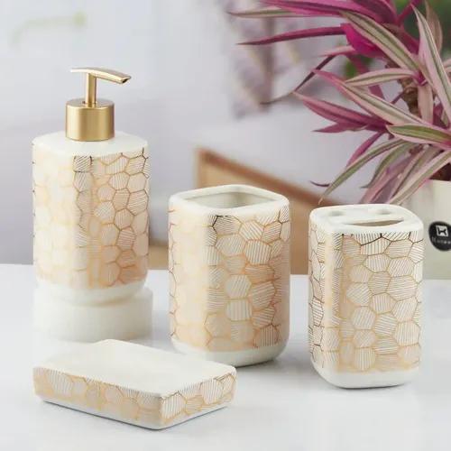 Kookee Ceramic Bathroom Accessories Set of 4, Modern Bath Set with Liquid hand wash Soap Dispenser and Toothbrush holder, Luxury Gift Accessory for Home, White/Gold (10458)