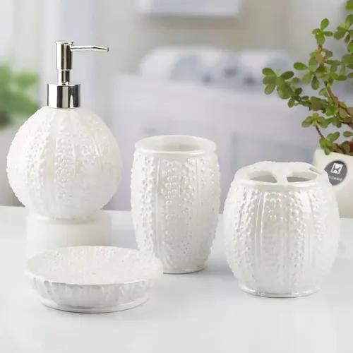 Kookee Ceramic Bathroom Accessories Set of 4, Modern Bath Set with Liquid hand wash Soap Dispenser and Toothbrush holder, Luxury Gift Accessory for Home, White (10478)