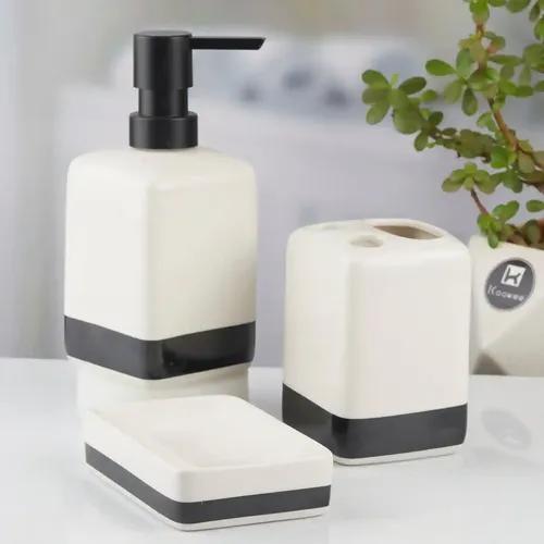 Kookee Ceramic Bathroom Accessories Set of 3, Modern Bath Set with Liquid hand wash Soap Dispenser and Toothbrush holder, Luxury Gift Accessory for Home, White/Black (10718)