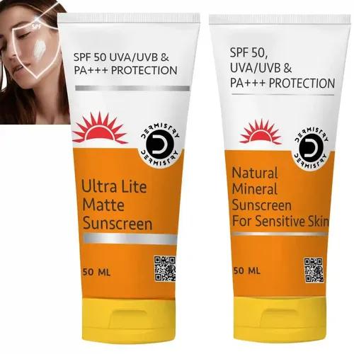 Dermistry Ultra Lite Matte Finish Sunscreen & Natural Mineral Based Sunscreen For Sensitive Skin  & Children For Oily Acne Prone & Combination Of All Skin Types  With Spf 50 Uva Uvb Pa+++ Sun Protection Moisturizer Water Resistant  And Water Based Daily Use For Men & Women ( Pack Of 2 - 100 Ml )