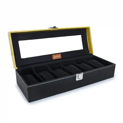 LEDO Watch Case Box Organizer in 6 slots of Watches with Transparent Look - Black & Black Velvet