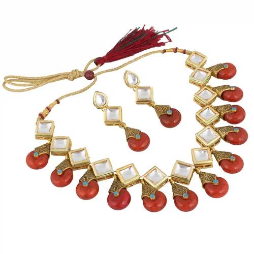 Gold Plated(18k) Big Square Stone Necklace With Earrings - Red