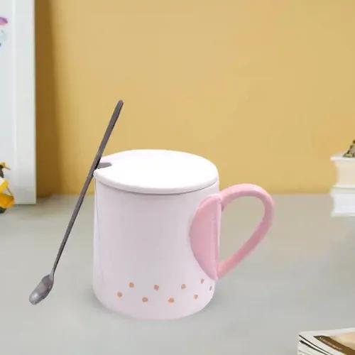 Kookee Fancy Ceramic Coffee or Tea Mug with Lid and Handle with Spoon for Office, Home or Gifting - 325ml (HY-1015-B)