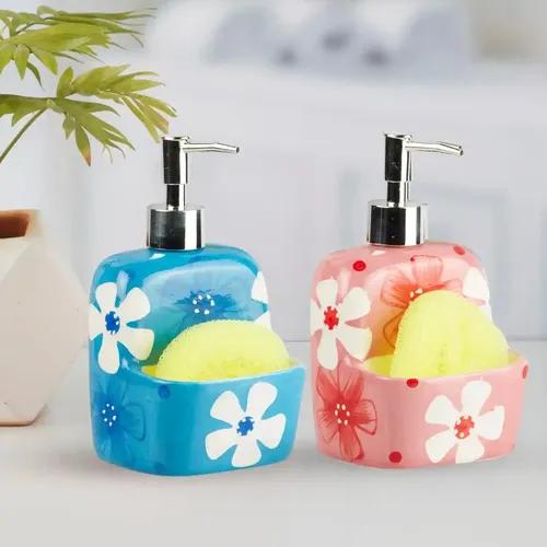 Kookee Ceramic Soap Dispenser for Bathroom hand wash, refillable pump bottle for Kitchen hand wash basin, Set of 2, Blue/pink (10918)