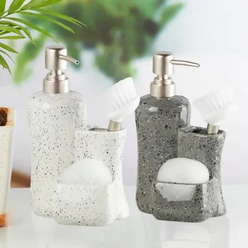 Kookee Ceramic Soap Dispenser for Bathroom hand wash, refillable pump bottle for Kitchen hand wash basin, Set of 2, White/Grey (10821)