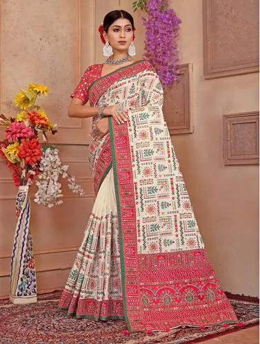 Embroidered Gaji White Silk Saree - Pink