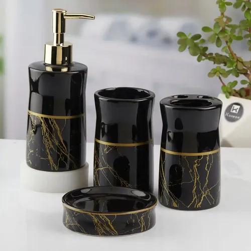 Kookee Ceramic Bathroom Accessories Set of 4, Modern Bath Set with Liquid hand wash Soap Dispenser and Toothbrush holder, Luxury Gift Accessory for Home, Black/Gold (10475)