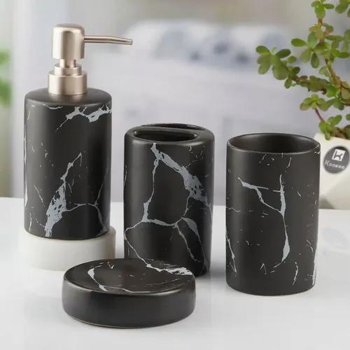 Kookee Ceramic Bathroom Accessories Set of 4, Modern Bath Set with Liquid hand wash Soap Dispenser and Toothbrush holder, Luxury Gift Accessory for Home, Black (10425)