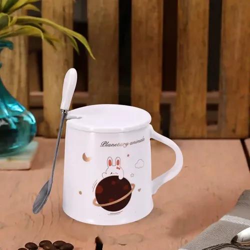 Kookee Fancy Ceramic Coffee or Tea Mug with Lid and Handle with Spoon for Office, Home or Gifting - 250ml (HY-1085-1-D)