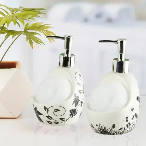 Kookee Ceramic Soap Dispenser for Bathroom hand wash, refillable pump bottle for Kitchen hand wash basin, Set of 2, White/Black (11038)