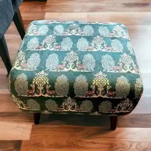 YELLOW Ribbon Puffy Stool for Living Room Sitting Printed Premium Foam Cushioned Pouffe Ottoman for Foot Rest Stool for Home Decor Furniture with 4 Wooden Legs_Forest Green