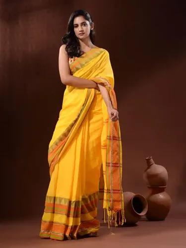 Jamdani Cotton Temple Check Border Handloom Saree - Yellow