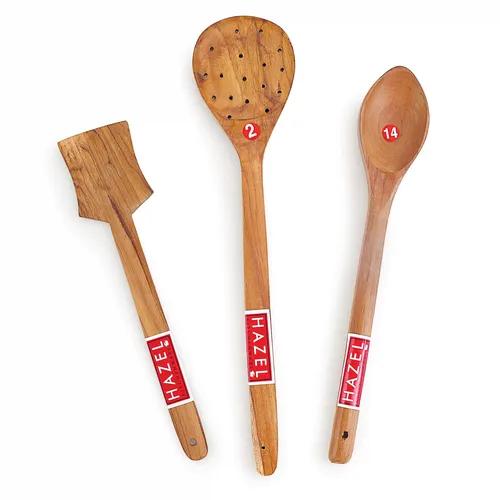 HAZEL Wooden Kitchen Tools Spoon Set of 3 (Serving Jhara, Taveta, Pan Spatula Small)