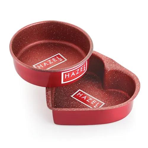 HAZEL Cake Mould Non Stick Mold Round 1/2kg and Heart 1/2kg Shaped Aluminized Steel 500 gm for Microwave Oven OTG Baking Pan Set of 2, Red