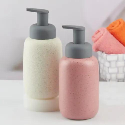 Kookee Ceramic Soap Dispenser for Bathroom hand wash, refillable pump bottle for Kitchen hand wash basin, Set of 2, Off White/Pink (10567)