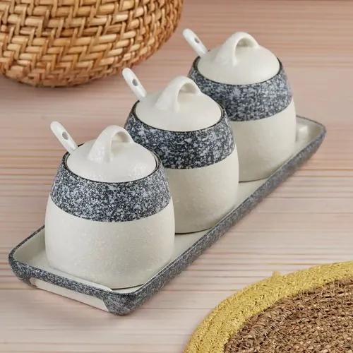 Kookee Ceramic Condiment Jars and Containers Set of 3 with Tray and Spoon for Kitchen Food Storage, Used for Spices, Sauce Servers, Pickle, Vinegar, Sugar (280ml each) Grey (10678)