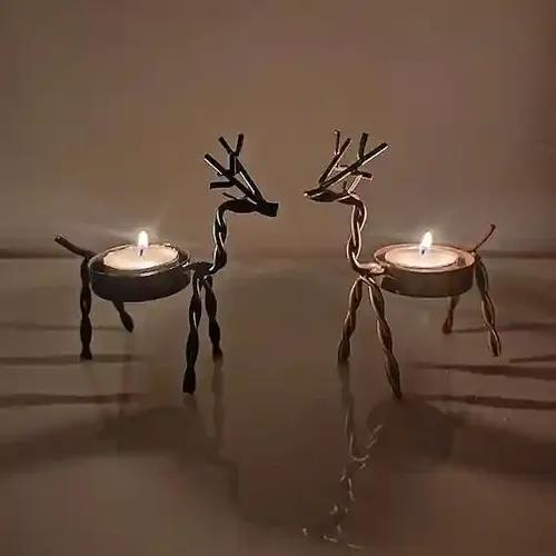 YELLOW Ribbon Tea Light Deer Candle Stand Pair (L*B*H - 11.5CM*5CM*11CM) Black and Gold Color Decorative Tea Light with Beautiful Cutwork Reflection Decorative & Gifting Hanging & Tableware