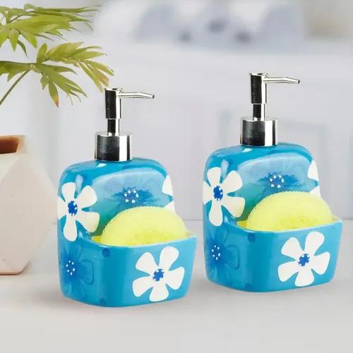 Kookee Ceramic Soap Dispenser for Bathroom hand wash, refillable pump bottle for Kitchen hand wash basin, Set of 2, Blue (10914)